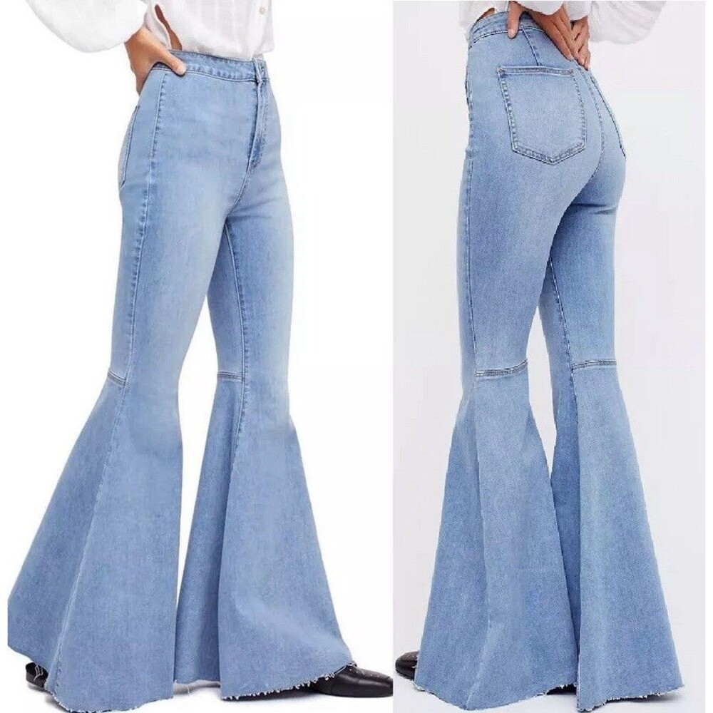 We The Free Flared Women's Jeans Light Blue Denim Raw Hem Stretch High Rise